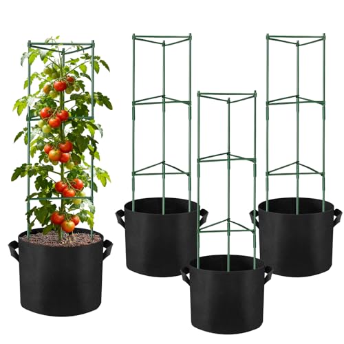 NNG 4 Packs 48 inches Tomato Cages with 10 Gallon Grow Bags,Garden Plant Support Cages,Plant Tower Stakes Garden Trellis for Climbing Plants,Tomato Plant Trellis for Vegetable Fruits Vines (4, Green)