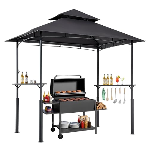 VEVOR Grill Gazebo, 8 x 5 ft Reinforced Outdoor BBQ Gazebo with Double-Tiered Roof, Powder-Coated Steel Patio Grill Shelter with 2 Side Shelves & 8 Hooks, Grilling Canopy for Patio Backyard Garden