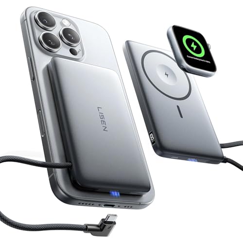 LISEN 0.5'' Ultra Slim MagSafe Power Bank for iPhone and Apple Watch,10000mAh MagSafe Battery Pack,Alloy Magnetic Portable Charger for iPhone 16 Pro Max Plus/15, Apple Watch S11 /S10 S9 SE，Grey
