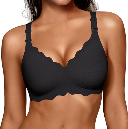 OEAK Women Jelly Bras No Underwire Scalloped Push Up Buttery Soft Tshirt Bra Seamless Full Coverage Convertible Everyday Bra Jacquard Black,XL