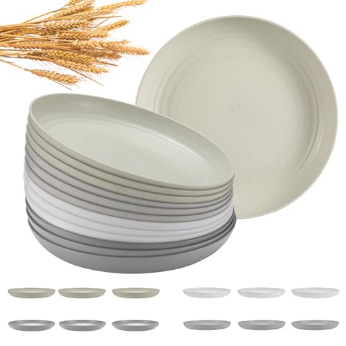 HEYCOME 12 Pcs Unbreakable Deep Dinner Plates Set, 9 inch Reusable Plastic Wheat Straw Plates, Microwave and Dishwasher Safe Plate for Kitchen, Lightweight Plate for Dessert, BPA Free, 4 Colors
