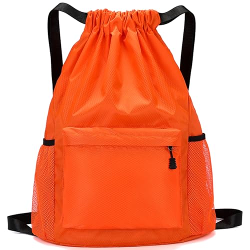 Dntorx Drawstring Backpack, Gym Bag with Water Bottle Pocket, Waterproof String Backpack for Soccer, Basketball, Swim for Women Men (Orange)