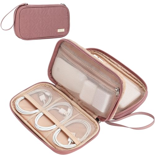 NISHEL Travel Cord Organizer Case, Double Layers Tech Electronic Case, Travel Essentials for Charger, Cable, Phone, Flash drive, Medium, Rose-wood Pink