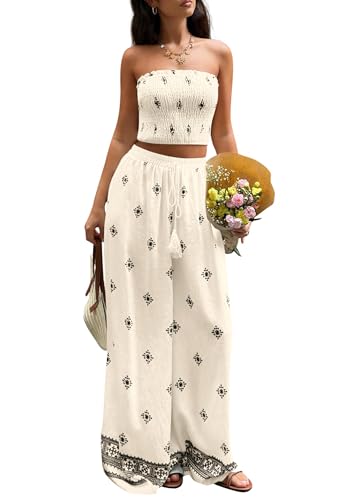 PRETTYGARDEN 2 Piece Sets for Women Summer 2026 Travel Outfits Print Tube Tops Wide Leg Pants Beach Vacation Clothes (Beige,X-Large)