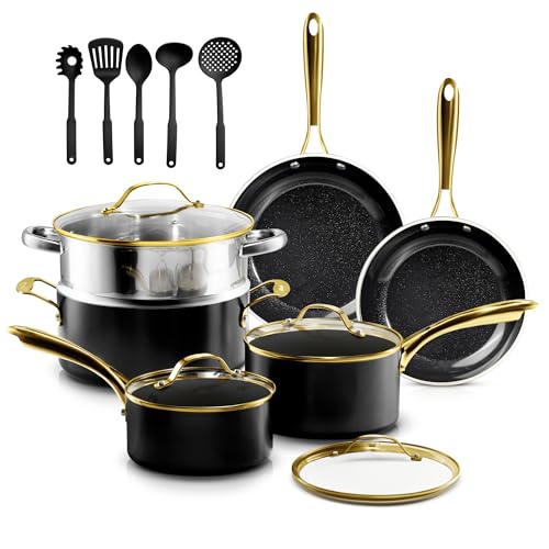 Gotham Steel 15 Pc Ceramic Cookware Set Nonstick, Ceramic Pots and Pans Set Non Stick with Steamer & Cooking Utensils, Non Toxic PFOA PFOS Free, Premium Stay Cool Handles, Oven & Dishwasher Safe