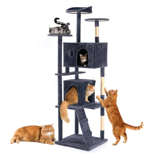 DUMOS 70-inch Indoor Cat Tree Tower –Multi-Level Pet House for Large Cats with 2 Condos, Scratching Posts, Round Platform, Small Ladder, and Toys, Grey