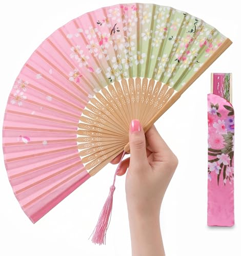 Nachell Japanese Folding Hand Fan for Women - Bamboo Silk Handheld Foldable Fan with Tassel & Pouch for Hot Flashes, Rave, Church, Gift,Wedding - Whisper-Quiet, Purse Size (Pink-Green)
