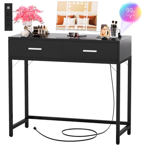 Cyclysio Vanity Desk with Mirror and Lights, 36'' Makeup Vanity Desk with Power Outlet, Small Vanities Set Dressing Table with Drawers for Bedroom, Black