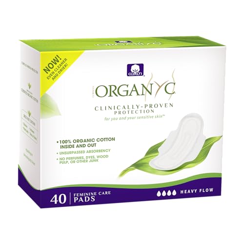 Organyc - 100% Certified Organic Cotton Inside and Out Feminine Pads, Sanitary Napkin 40 Count, Heavy Flow, New Larger Size Packaging