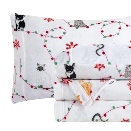 Elegant Comfort Luxuriously Soft 4-Piece Holiday Velvet Plush Flannel Sheet Set - Premium Quality - Cozy Warm, Christmas Fuzzy Velvet Flannel Fleece Deep Pocket Sheet Set - Full, Jingle Cats