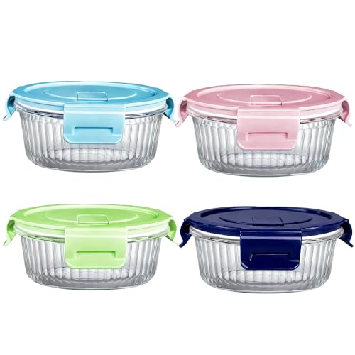 S.ROKE TTAN Small Round Glass Food Storage Containers with Lids, 1.5 Cup Round Food Containers set BPA-Free, 12oz Glass Lunch Bowls for Soup Leftover, Microwave, Dishwasher and Freezer Safe (4pack)