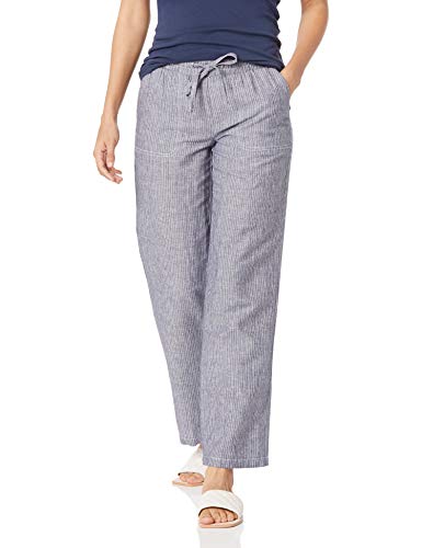 Amazon Essentials Women's Pull On Linen Blend Drawstring Relaxed Fit Wide Leg Pant, Grey Vertical Stripe, Small