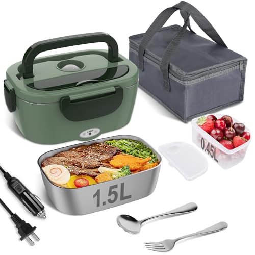 Vabaso Electric Lunch Box for Adults, 80W Heated Lunch Box Portable Food Warmer Lunch Box for Work/Men/Car/Truck with 1.5L 304 Stainless Steel Container Fork & Spoon, 110V/12V/24V