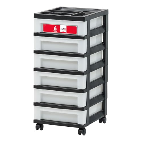 IRIS USA Craft Plastic Organizers and Storage, Rolling Storage Cart for Classroom Supplies, Storage Organizer for Art Supplies, Drawer Top Organizer for Small Parts, 6 Drawer, Black/Pearl