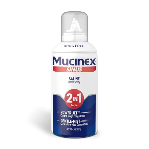 Mucinex Sinus Saline Nasal Spray & Sinus Rinse, Drug-Free, Additive Free, Non-Drowsy Nasal Irrigation with 2-in-1 Jet + Mist Spray Nozzle for Cold & Allergy Season, 4.5oz