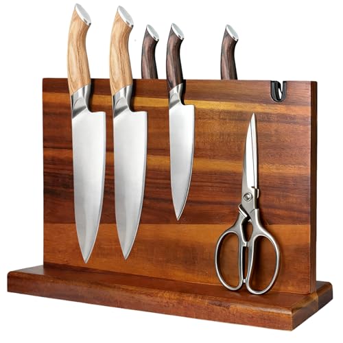 Magnetic Knife Block Natural Acacia Wood Knife Holder Space-Saving Magnetic Strip for Kitchen Knives Self-Sharpening Slot for Maintaining Blade Sharpness Strong Magnet Securely Holds Knives