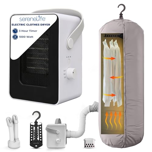 SereneLife Electric Portable Clothes Dryer | 1000W Multi-Use Mini Heater & Aroma Diffuser for Home, Apartment, Dorm, Travel & RV Camping | Suitable for Drying Clothes, Dresses, Shoes, Hats & Gloves