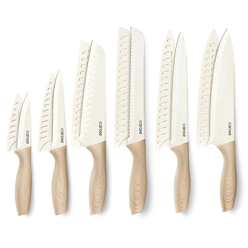 CAROTE 12PCS Knife set with Blade Guards,Granite Nonstick Ceramic Coating,Stainless Steel blade, Anti-Slip Handle, Essential Knives, Rustproof, White