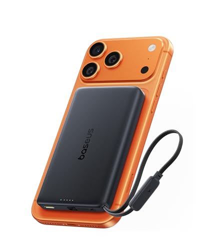 Baseus Picogo AM52 MagSafe Power Bank, Qi2.2 25W 10,000mAh Magnetic Portable Charger, 0.6" Slim Built-in 45W USB-C Cable, Alloy Fast Charging Wireless Battery Pack for iPhone 17/16/15/14/13/12 Only