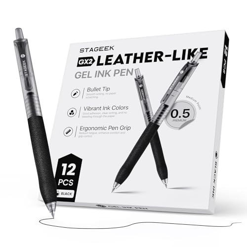 STAGEEK 0.5mm Gel Pens Fine Point Smooth Writing Pens, 12PCS Black Ink Pens, Retractable Leather-Like Black Gel Pens, Business Gel Pen for Journaling, Writing, School, Office Use (Black)
