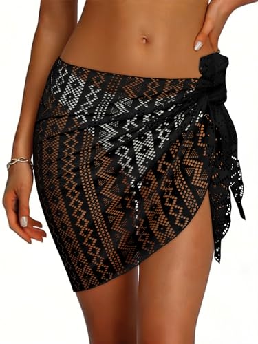 Womens Beach Sarong Wraps Lace Bikini Swimsuit Coverup Summer Hollow Out Bathing Suit Cover Up Casual Swimwear 2026 (Black)
