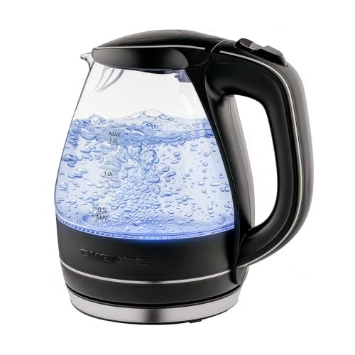 OVENTE Electric Kettle, 1.5L Borosilicate Glass Countertop Water Heater and Boiler for Coffee or Tea, BPA-Free, Auto Shut-Off, Boil-Dry Protection, Removable and Washable Spout Filter, Black KG83B