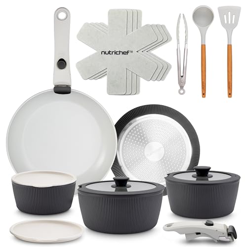 NutriChef 18-Piece Ceramic Cookware Set with Detachable Handles, Non Stick Pots and Pans, PTFE-Free Natural Ceramic Coating, Space-Saving Design, Oven & Stove Safe, Includes Utensils