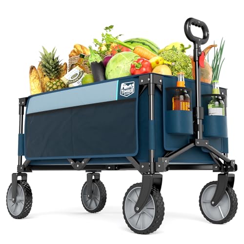 Timber Ridge Collapsible Outdoor Folding Wagon Cart Heavy Duty Camping Patio Shopping Garden Cart with Side Bag Cup Holder, Blue