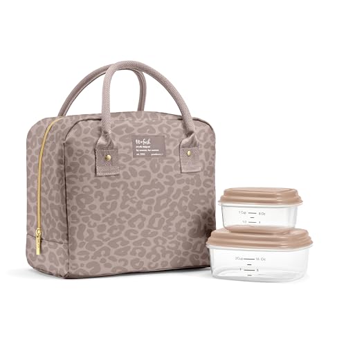 Fit & Fresh Bloomington Lunch Bag for Women - Insulated Large Lunch Box for Work with Containers, Leak-Resistant, Stain-Resistant, Zipper Closure, Mocha Feline Fine