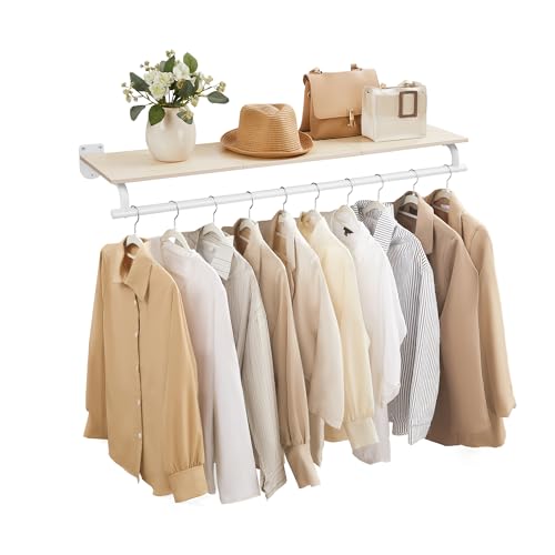 SONGMICS Clothes Rack with Top Shelf, Wall Mounted Clothing Rack, with Hanging Rod, Loads up to 77 lb, 11 x 42.9 x 5.2 Inches, Entryway, Bedroom, Closet, Natural Beige and Cloud White UHSR135W01
