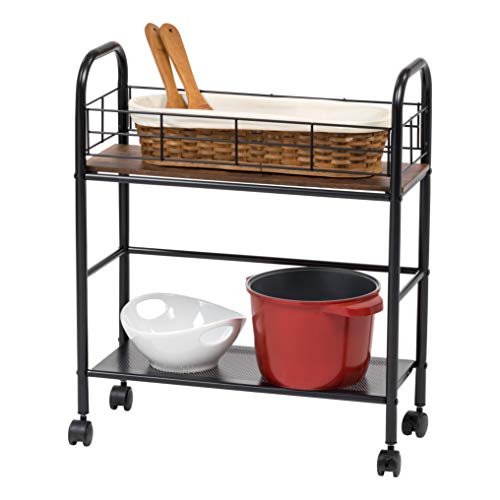 IRIS USA 2-Tier Kitchen Storage Rolling Cart with Lockable Caster Wheels, Coffee Station, Pantry Rack, Home Bar, Serving Cart, Slim, Rustic Brown