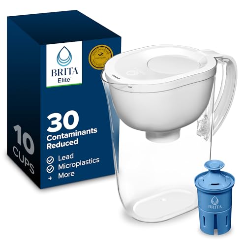 Brita Large 10-Cup Elite Water Filter Pitcher, WQA NSF/ANSI Certified, Reduces 99% of Lead, Microplastics, & 30 Contaminants, BPA-Free, Removes Chlorine Taste & Odor, 1 Elite Filter, White