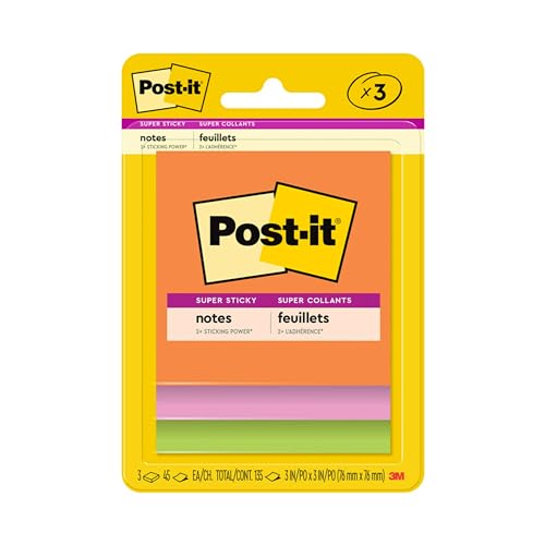 Post-it Super Sticky Notes, 3 Sticky Note Pads, 3 x 3 in., School Supplies for Students, Ideal for Textbooks, Notebooks, Walls and Vertical Surfaces, Energy Boost Collection