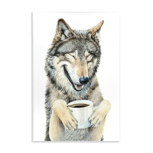 Stupell Industries 'Laughing Wolf with Coffee', Wall Plaque Art, 13 x 19 Inches, Easy to Hang and Sturdy, Made in USA, by Holly Simental