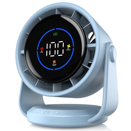 YOSHENMO Desk Fan, Turbo Table Fan for Bedroom, 100-Speed Digital Display, Low Noise, 105° Adjustable Tilt, 7.5-inch, Rechargeable Battery, Wall-Mouted Design for Home, Office, Travel Blue