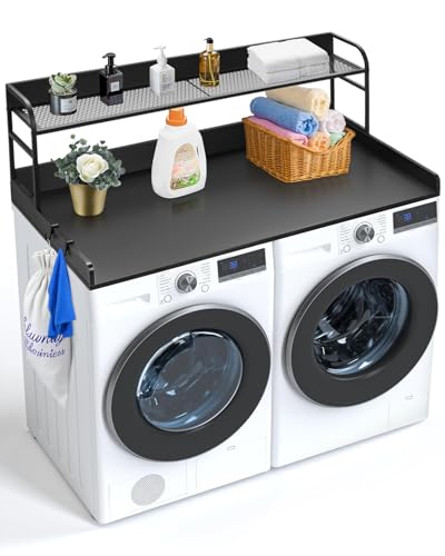 VEVOR Washer Dryer Countertop with 2-Tier Shelf, 54" x 27" Wooden Washer and Dryer Countertop with Anti-Slip Pads, Water-Resistant Laundry Topper Cover for Laundry Room Organization and Storage, Black