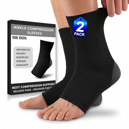 SB SOX Compression Ankle Brace (1 Pair) – Ankle Support Sleeve for Men & Women – Relief for Achilles, Sprains, Plantar Fasciitis (Solid Black, Medium)