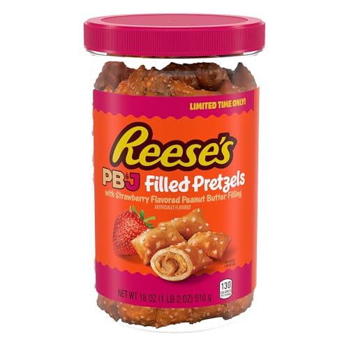 Reese's Filled Pretzels, Peanut Butter and Strawberry Flavored Pretzel Nuggets, Crunchy, Ready to Eat, Sweet and Salty Snack, 18 oz Cannister
