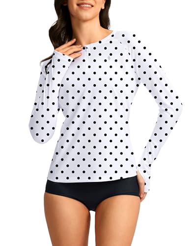 SANTINY Women's Rash Guard UPF50+ SPF Long Sleeve Swimsuits Top UV Sun Protection Swim Shirts for Woman with Zip (Black Dot_M)