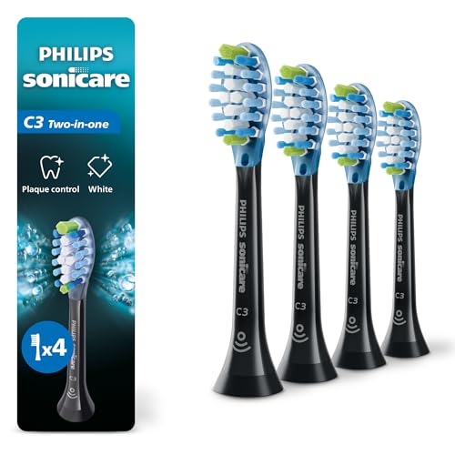 Philips Sonicare C3 Two-in-One Genuine Replacement Electric Toothbrush Heads, for Deep Plaque Removal and Whitening, 4 Pack One Year Supply, Black, HX9044/95