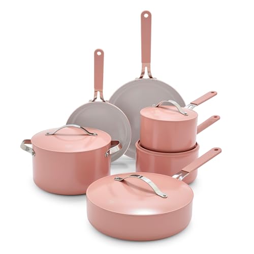 GreenLife 10-Piece Nonstick Ceramic Cookware Set, Lightweight Healthy PFAS-Free Pots & Pans with Lids, Dishwasher & Oven Safe, Durable Body, Silicone Stay-Cool Handles, Easy Release, Pink