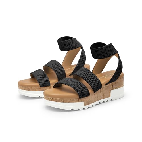 Athlefit Platform Wedge Sandals for Women Summer Open Toe Elastic Ankle Strap Comfortable Casual Black Sandals Size 8