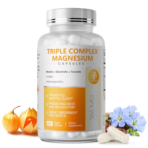 Triple Magnesium Complex - Magnesium Glycinate, Taurate & Malate Supplement with Omega3, Ashwagandha, GABA for Sleep, Brain Heart & Muscle Support - High Absorption and Gentle, Vegan, 120 Capsules