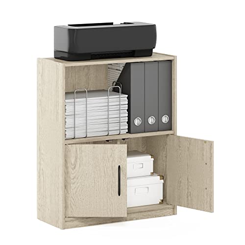 Furinno GRUEN Book Shelf, 2-Tier Small Bookshelf, Bookcase with Open Shelf and Doors Storage Cabinet, 9.3 x 21.8 x 27, for Organization, for Living Room, Bedroom, Home Office, Metropolitan Pine