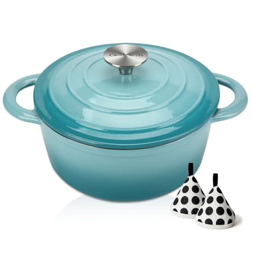 COOKWIN Enameled Cast Iron Dutch Oven, 5 QT Bread Baking Pot with Self Basting Lid, Non-stick Enamel Coated Cookware Pot, Great Christmas Gifts for Family, Teal