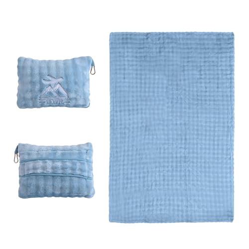 ZJRUIXI Travel Blanket and Pillow-2-in-1, Ultra-Soft&Compact, Airplane Blanket with Hand Luggage Belt and Backpack Clip,Travelers Accessories Gifts, 61x43 Inches（Blue）
