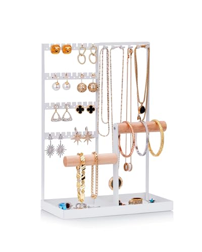 DIICRIN Jewelry Stand Organizer for Necklaces Earrings Bracelets, Metal Jewelry Stand with Tray Base, White Necklace Holder Display
