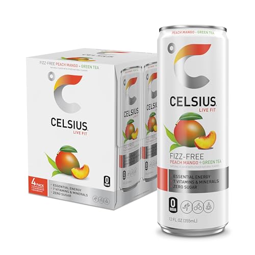CELSIUS® Fizz Free Peach Mango Green Tea, Sugar Free Energy Drink, 12 Fl Oz (Pack of 4)
