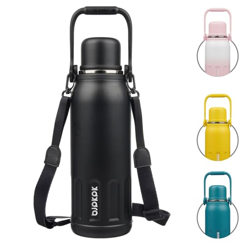 BJPKPK Insulated Water Bottle 50oz Vacuum Insulated Stainless Steel Water Bottles with Handle and Lid Travel Metal Thermal Flask for Outdoor Sports,Black