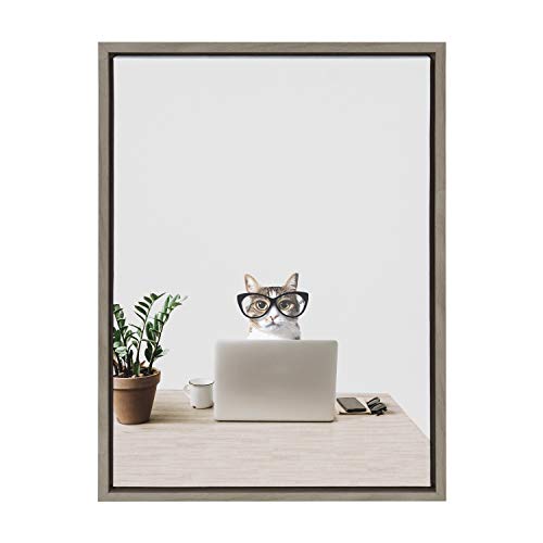 Kate and Laurel Sylvie I’m Cathy, I Work in Accounting Framed Canvas Wall Art by The Creative Bunch Studio, 18x24 Gray, Fun Cat Office Art for Walls